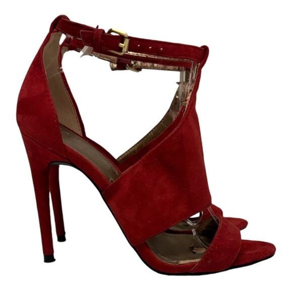 BCBG Max Azria Red Suede Strappy Stiletto Ankle Strap Heels Women's Size 8.5 - Picture 2 of 14